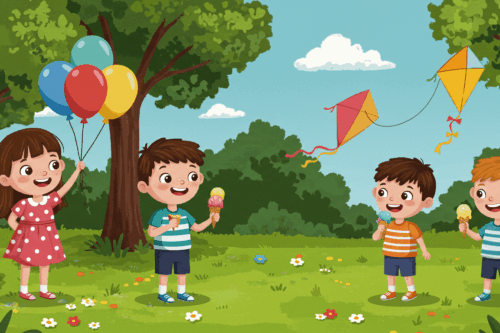 Děti si hrají v parku s balónky, zmrzlinou a draky