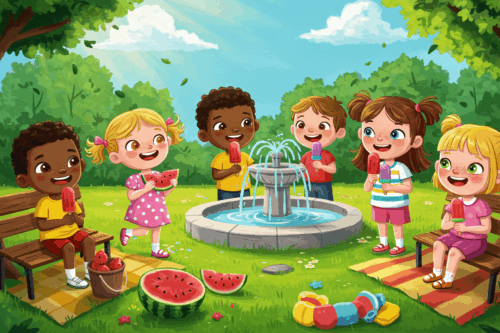 Letní dětská zábava u kašny – skupina dětí jí nanuky a meloun v parku