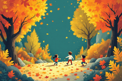 Děti si hrají v podzimním lese plném barevných listů