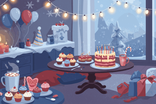 Zimní narozeninová oslava s dortem a výzdobou